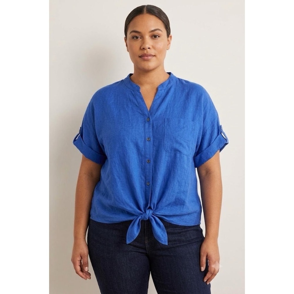 Charter Club Luxury Linen Blue Front Tie Short Sleeve Shirt Top Large Resortwear